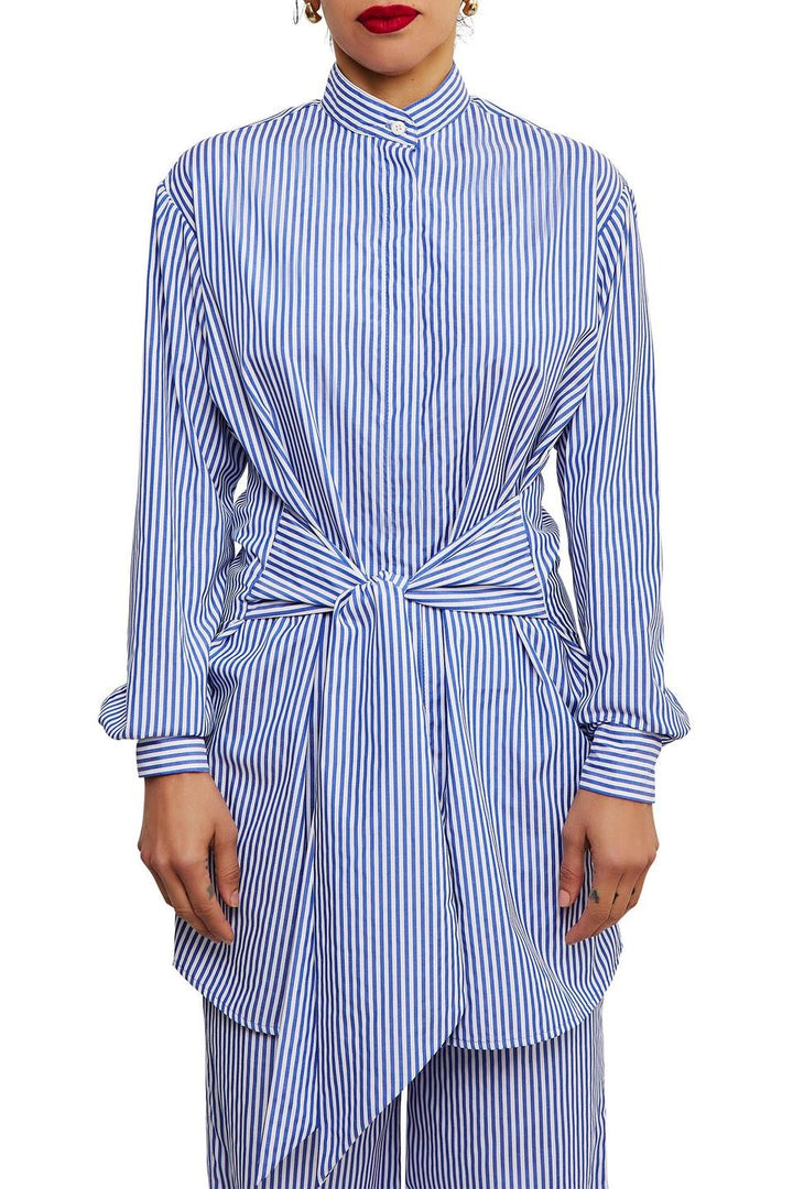 Presley | Elegant Blue Striped Maxi Shirt Dress