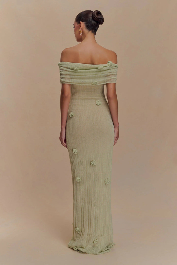 Cordelia | Elegant Off-Shoulder Knit Maxi Dress With Floral Details