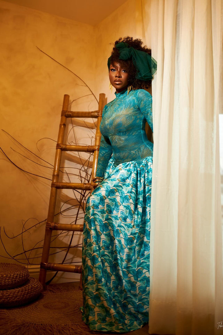 Esperanza | Elegant Mock Neck Long Sleeve Teal Maxi Dress