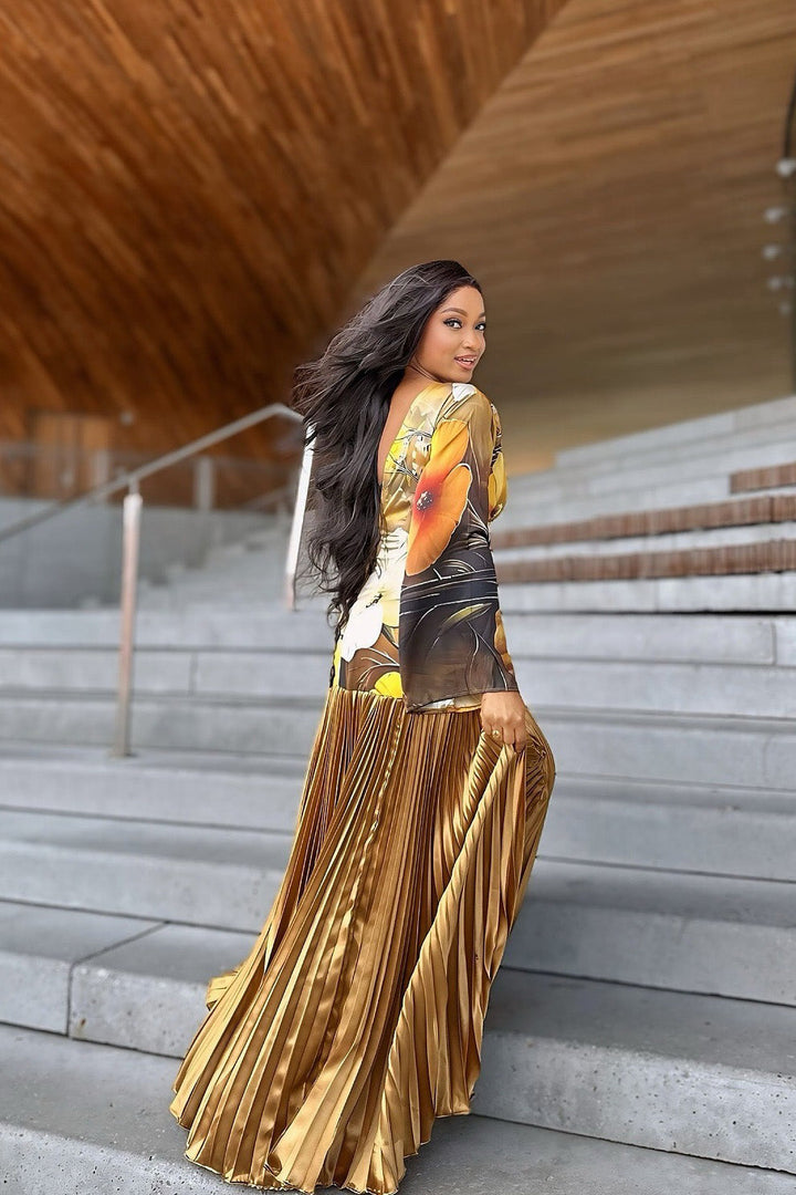 Juniper | Elegant Pleated Chiffon Maxi Dress With Long Sleeves