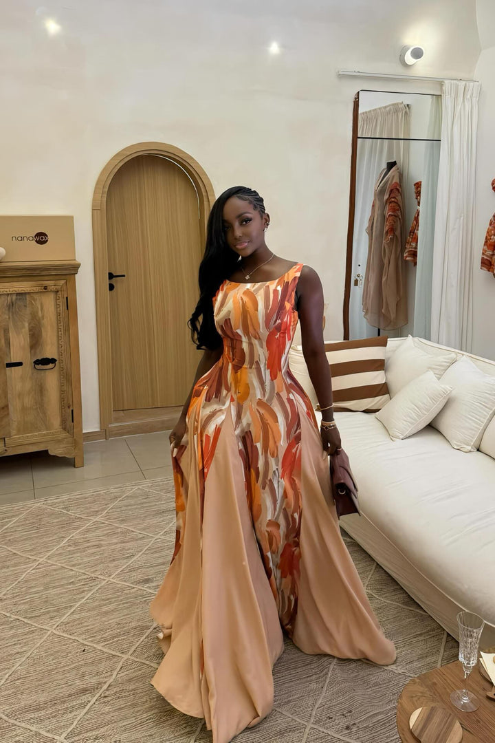Alessandra | Elegant Abstract Print Sleeveless Maxi Dress