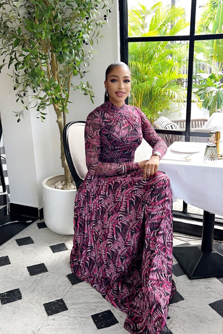 Kira | Elegant Tropical Print Pleated Mock Neck Maxi Dress