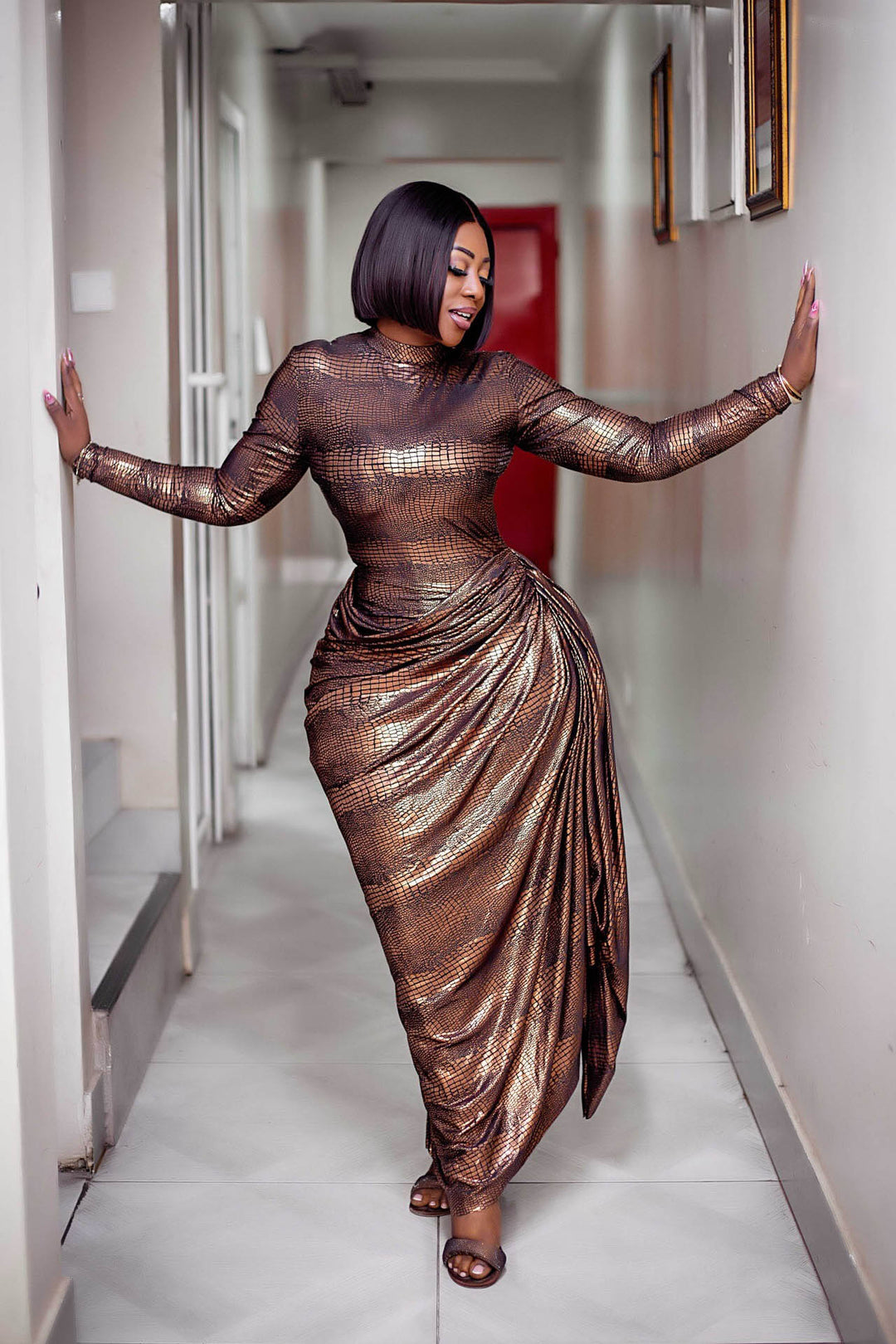 Tabitha | Elegant Bronze Metallic Long Sleeve Maxi Dress