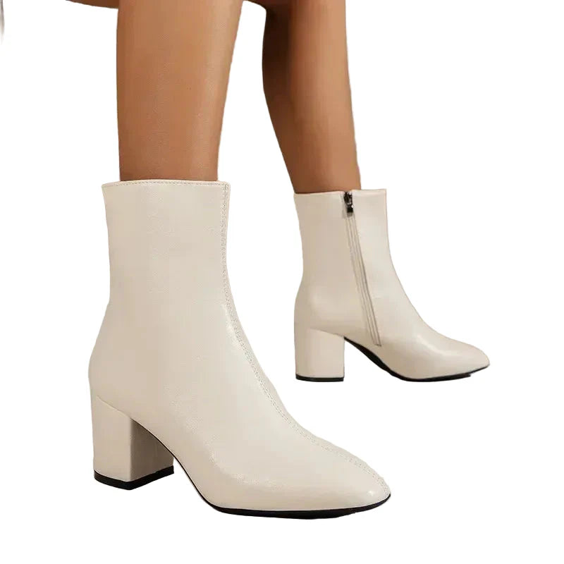 Georgina | Chic Block Heel Ankle Boots - Cream Faux Leather