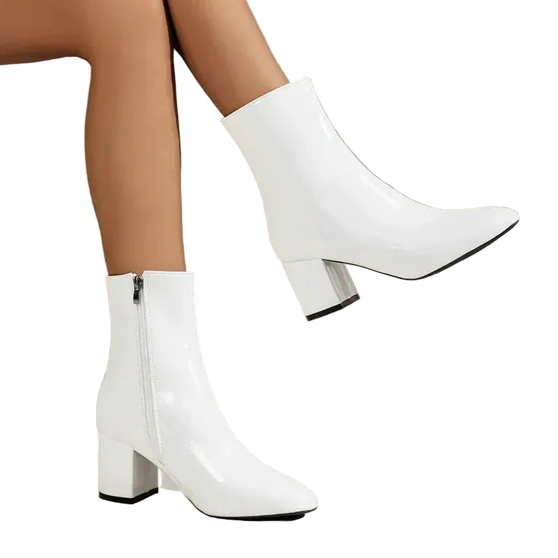 Georgina | Chic Block Heel Ankle Boots - Cream Faux Leather