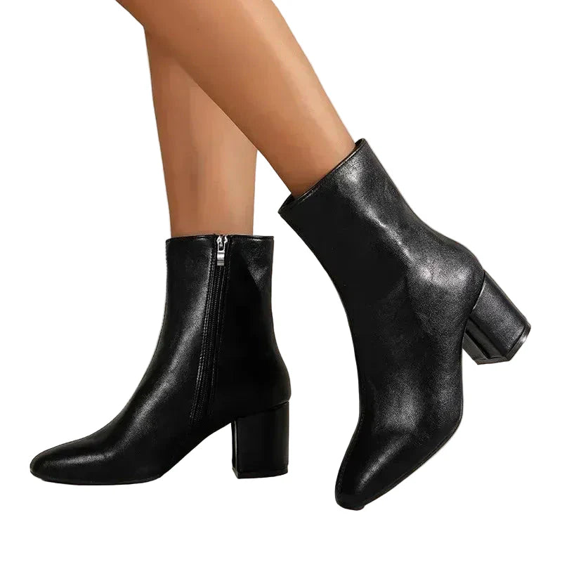 Georgina | Chic Block Heel Ankle Boots - Cream Faux Leather
