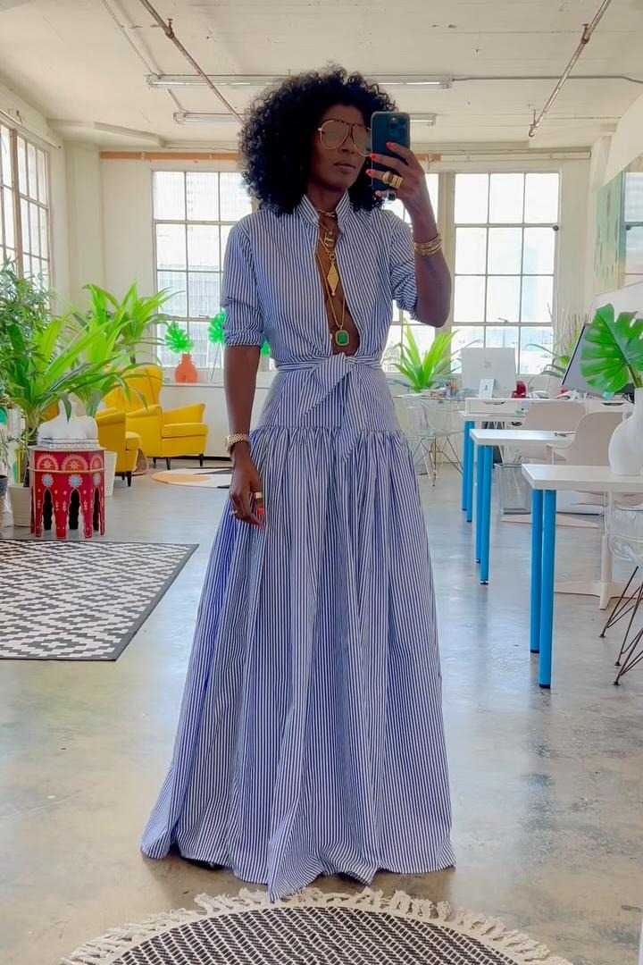 Presley | Elegant Blue Striped Maxi Shirt Dress