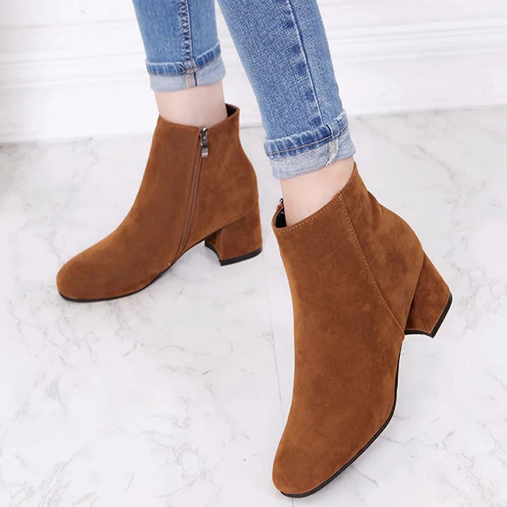 Cordelia | Chic Suede Block Heel Ankle Boots With Side Zip