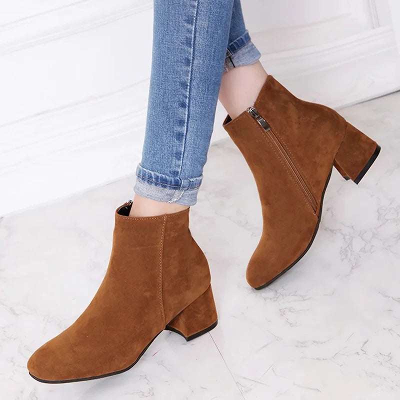 Cordelia | Chic Suede Block Heel Ankle Boots With Side Zip