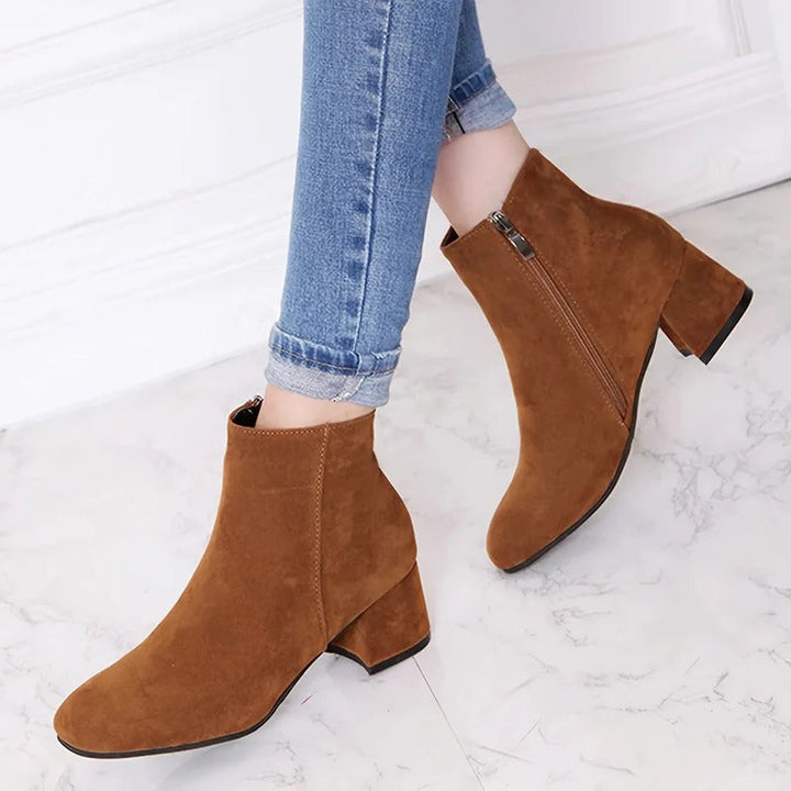 Cordelia | Chic Suede Block Heel Ankle Boots With Side Zip