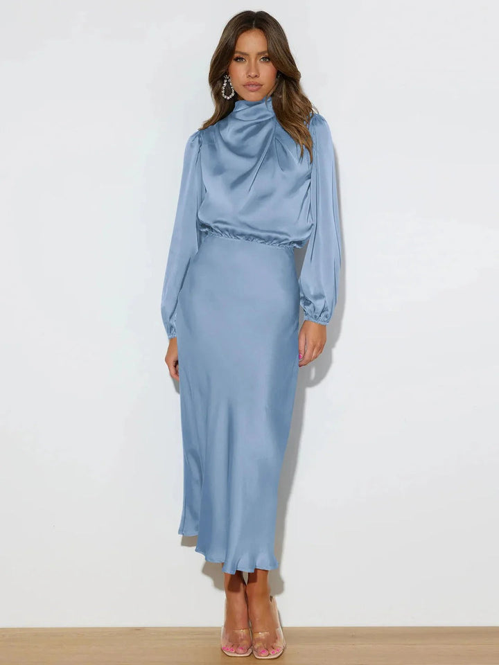 Tamara | Elegant Satin Draped High Neck Long Sleeve Midi Dress