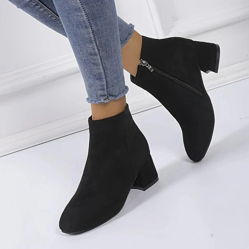 Cordelia | Chic Suede Block Heel Ankle Boots With Side Zip