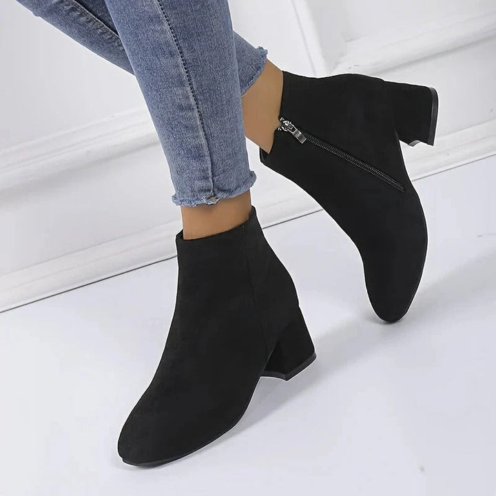 Cordelia | Chic Suede Block Heel Ankle Boots With Side Zip