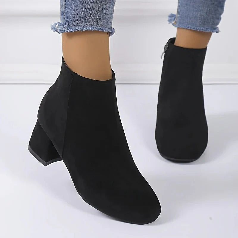 Cordelia | Chic Suede Block Heel Ankle Boots With Side Zip