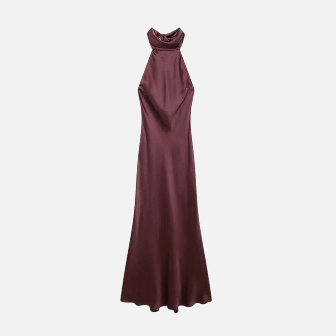 Meredith | Elegant Black Satin Halter Neck Maxi Dress