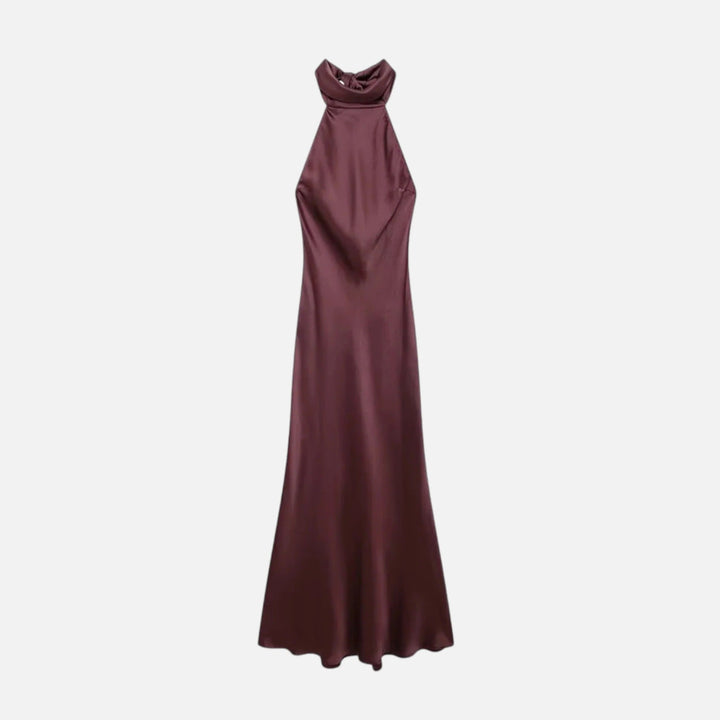 Meredith | Elegant Black Satin Halter Neck Maxi Dress