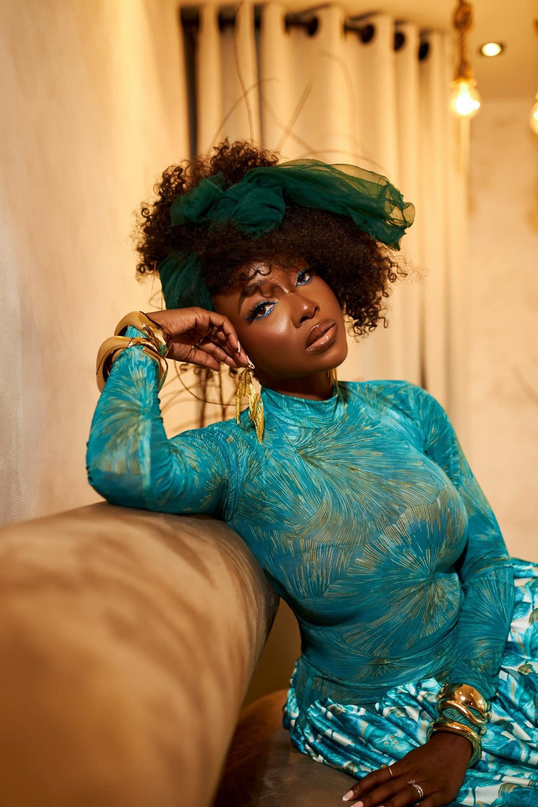 Esperanza | Elegant Mock Neck Long Sleeve Teal Maxi Dress