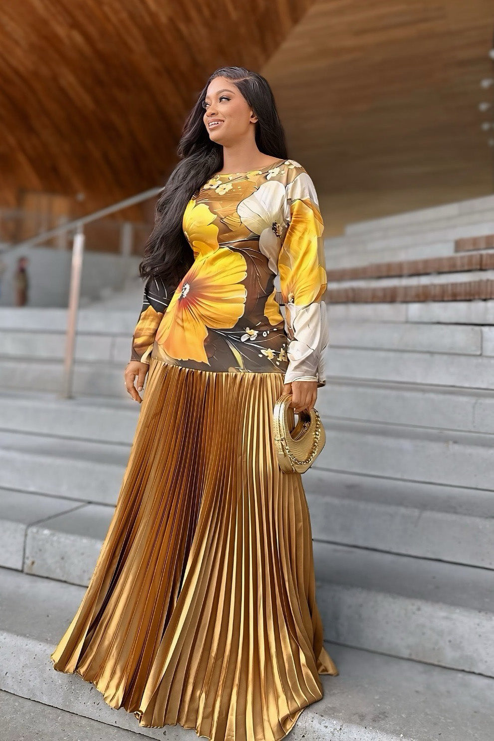 Juniper | Elegant Pleated Chiffon Maxi Dress With Long Sleeves