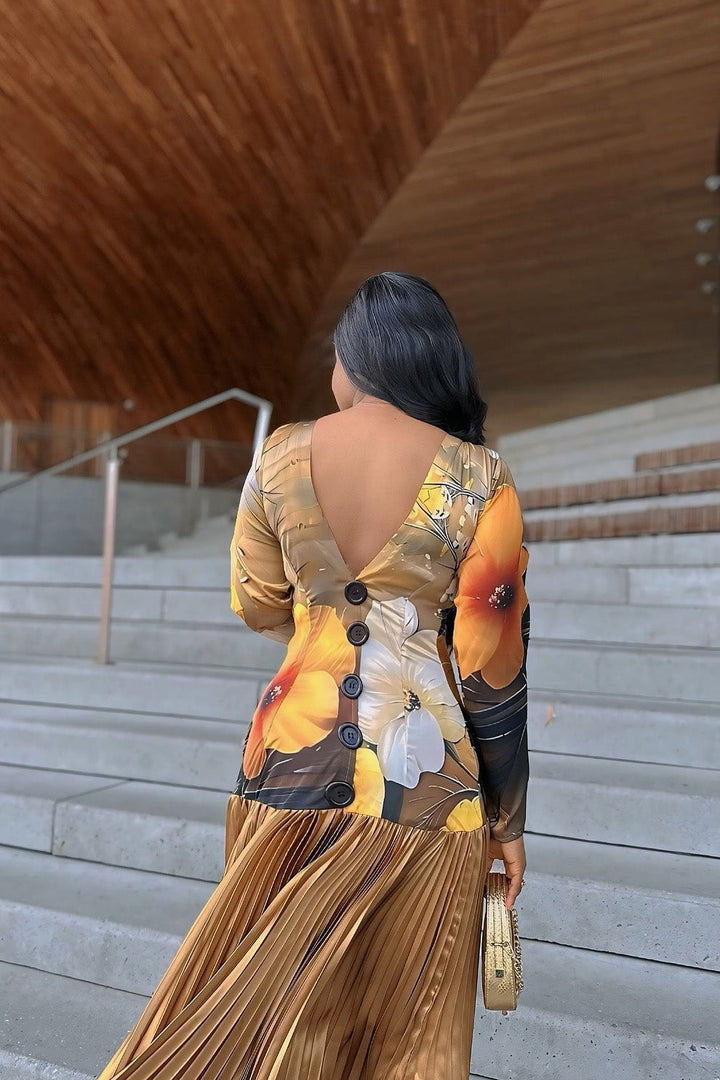 Juniper | Elegant Pleated Chiffon Maxi Dress With Long Sleeves