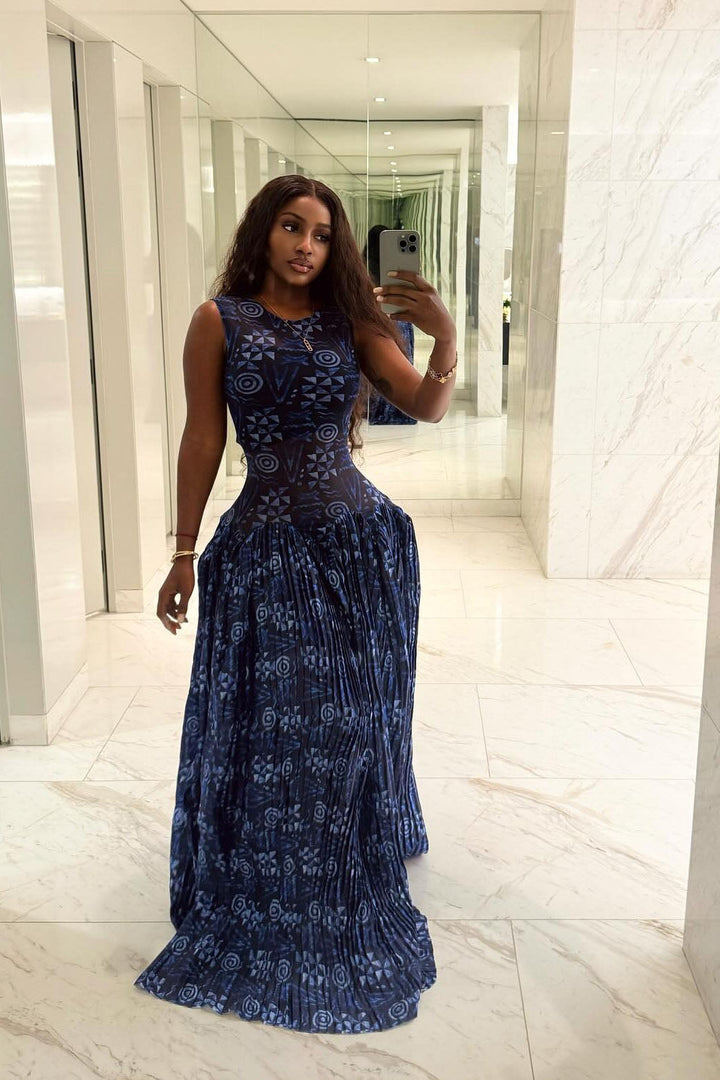 Kimberly | Elegant Adinkra Pleated Maxi Dress