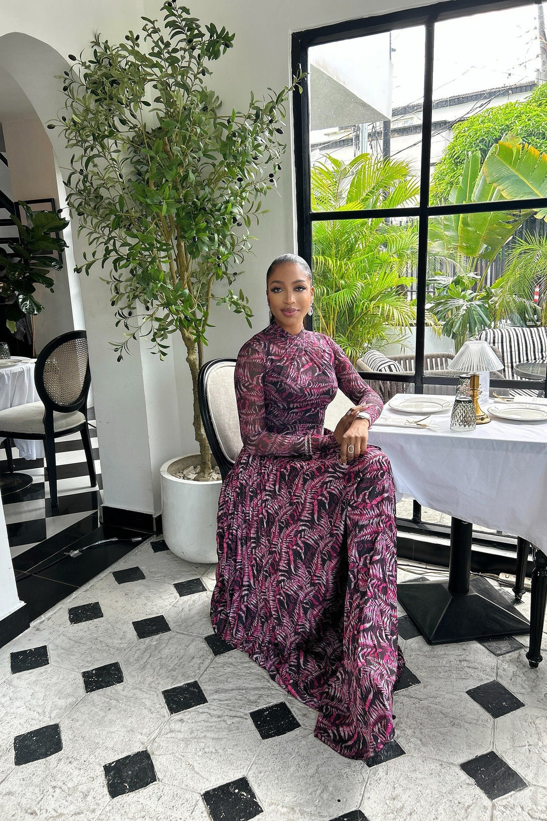 Kira | Elegant Tropical Print Pleated Mock Neck Maxi Dress
