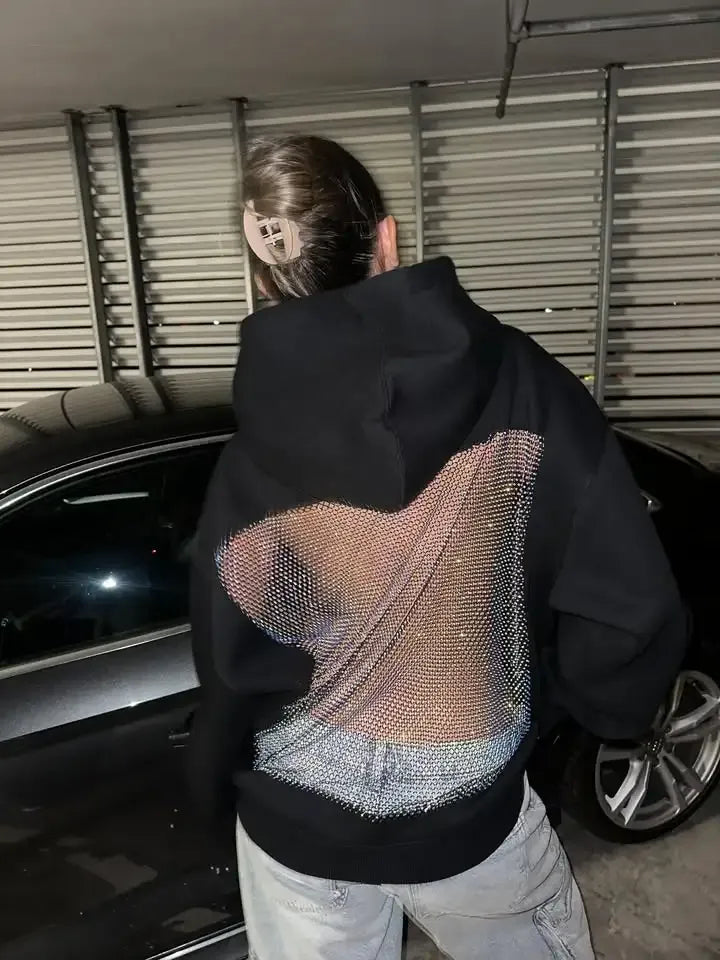 Addison | Chic Oversized Mesh Back Net Panel Hoodie Women