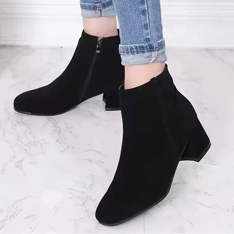 Cordelia | Chic Suede Block Heel Ankle Boots With Side Zip