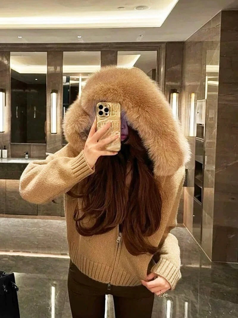 Juniper | Stylish Knit Zip-Up Cardigan With Faux Fur Hood