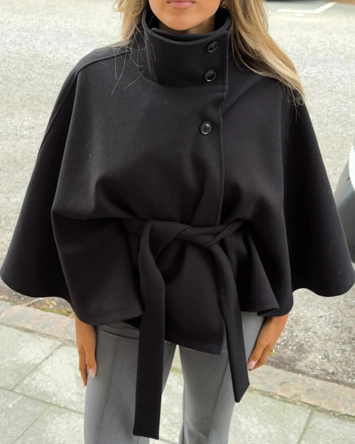 Juniper | Elegant Wool Blend Cape Coat With Belt - Navy