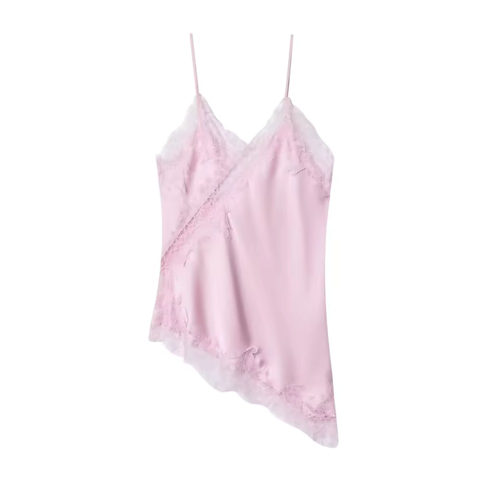 Estelle | Elegant Asymmetric Lace Trim Silk Cami Top