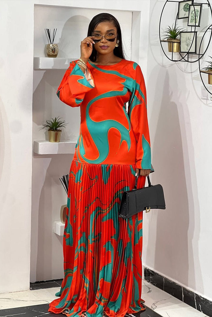 Juniper | Elegant Pleated Chiffon Maxi Dress With Long Sleeves
