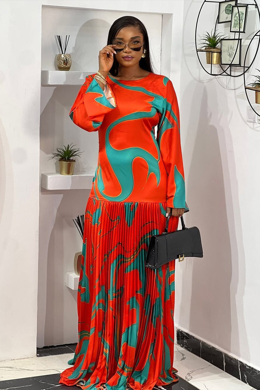 Cordelia | Elegant Long Sleeve Pleated Maxi Dress