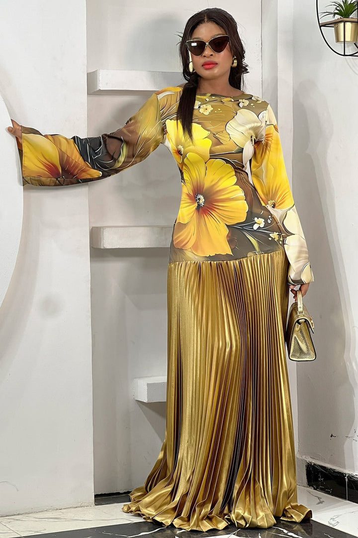 Juniper | Elegant Pleated Chiffon Maxi Dress With Long Sleeves