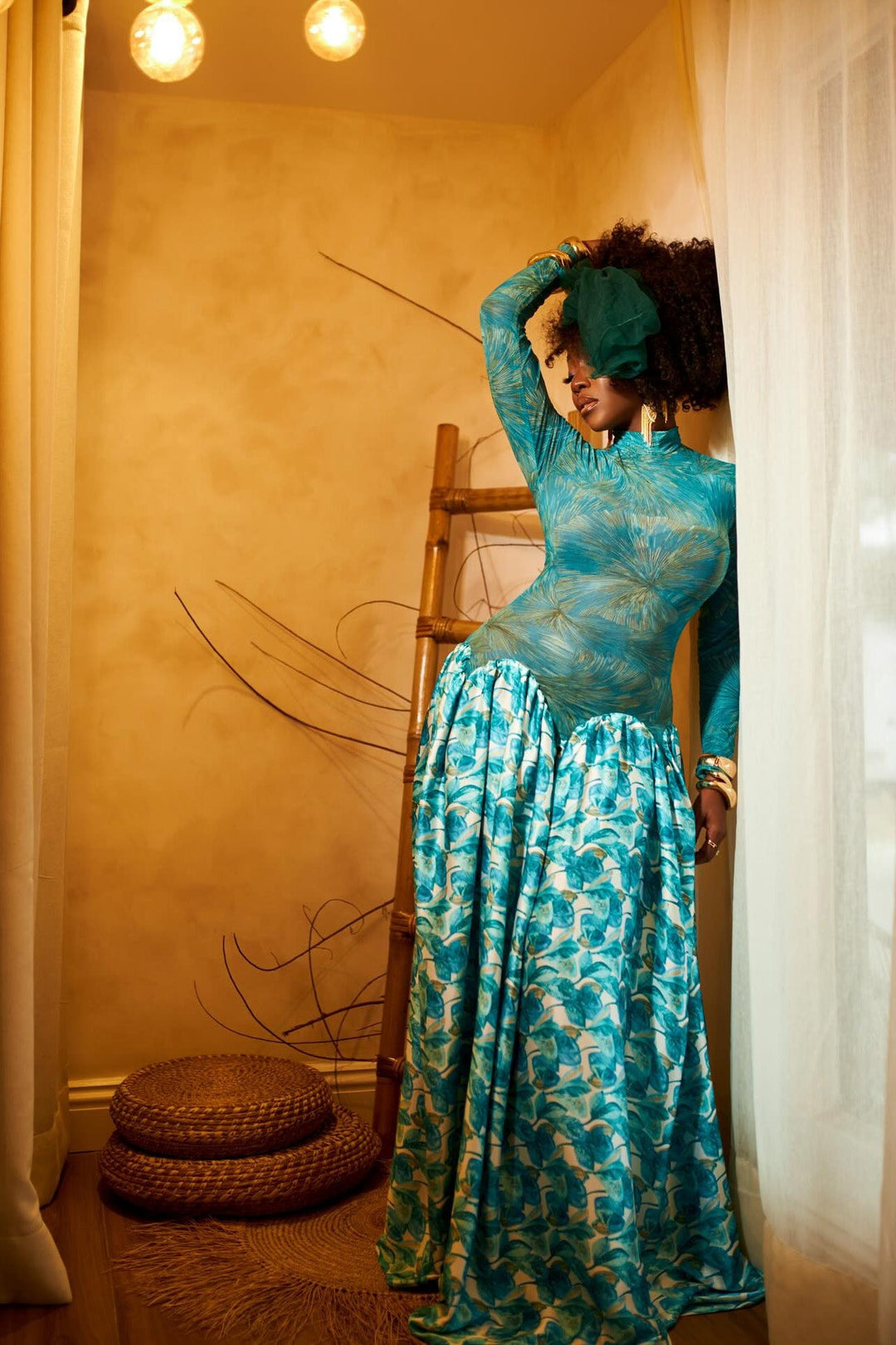 Esperanza | Elegant Mock Neck Long Sleeve Teal Maxi Dress