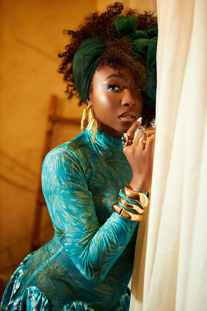 Esperanza | Elegant Mock Neck Long Sleeve Teal Maxi Dress