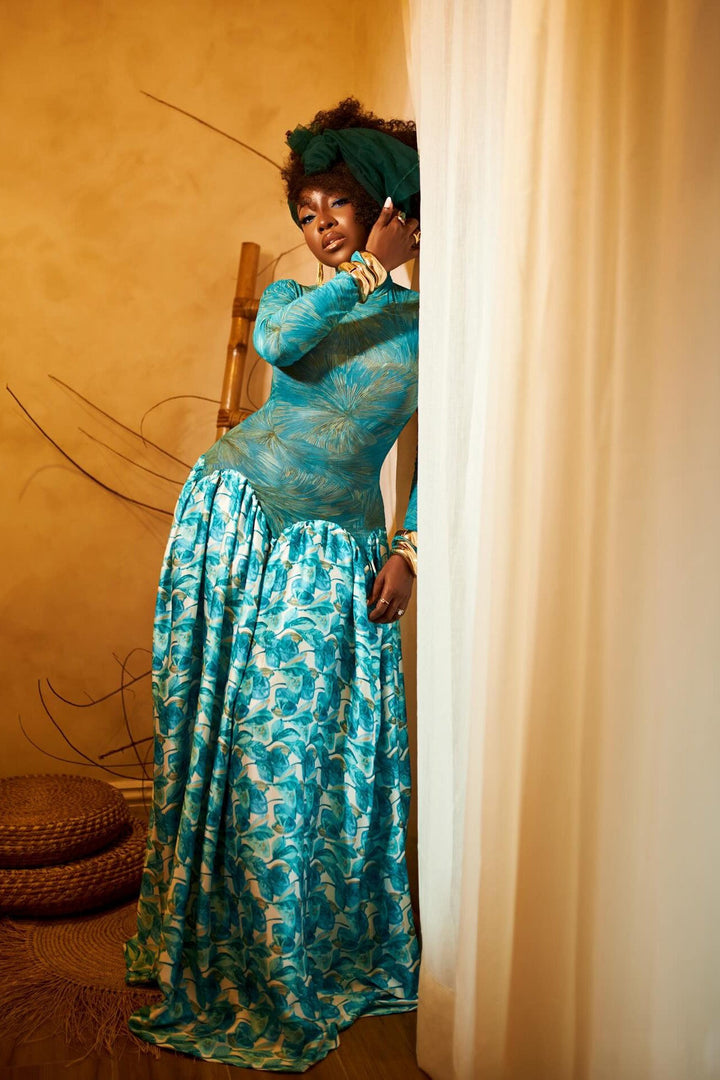 Jennifer | Elegant Sheer Mock Neck Floral Maxi Dress