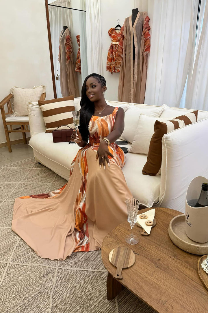 Alessandra | Elegant Abstract Print Sleeveless Maxi Dress