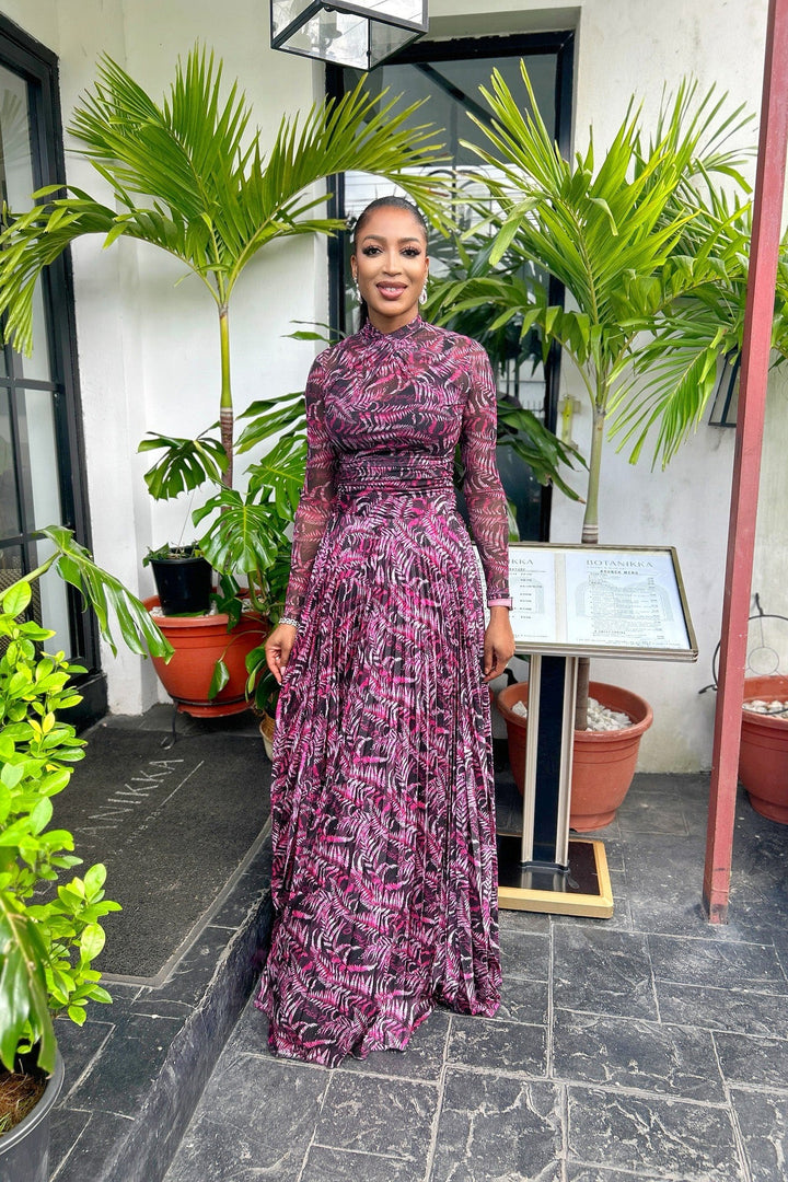 Kira | Elegant Tropical Print Pleated Mock Neck Maxi Dress