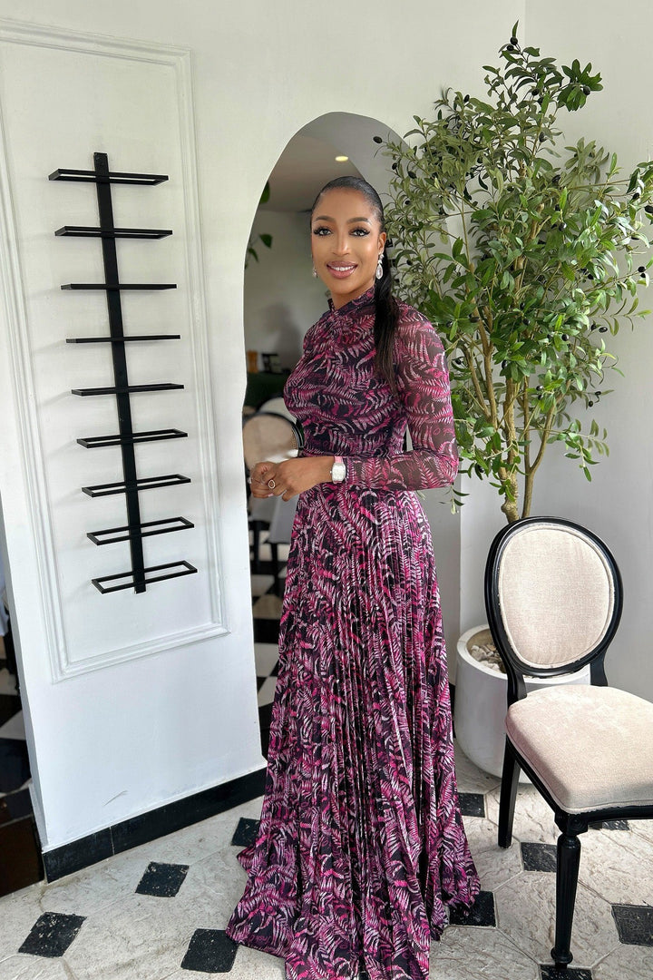 Kira | Elegant Tropical Print Pleated Mock Neck Maxi Dress