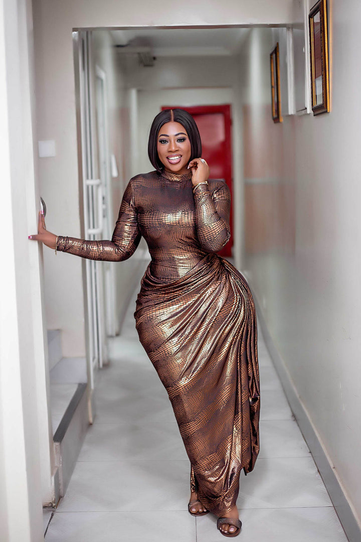 Tabitha | Elegant Bronze Metallic Long Sleeve Maxi Dress