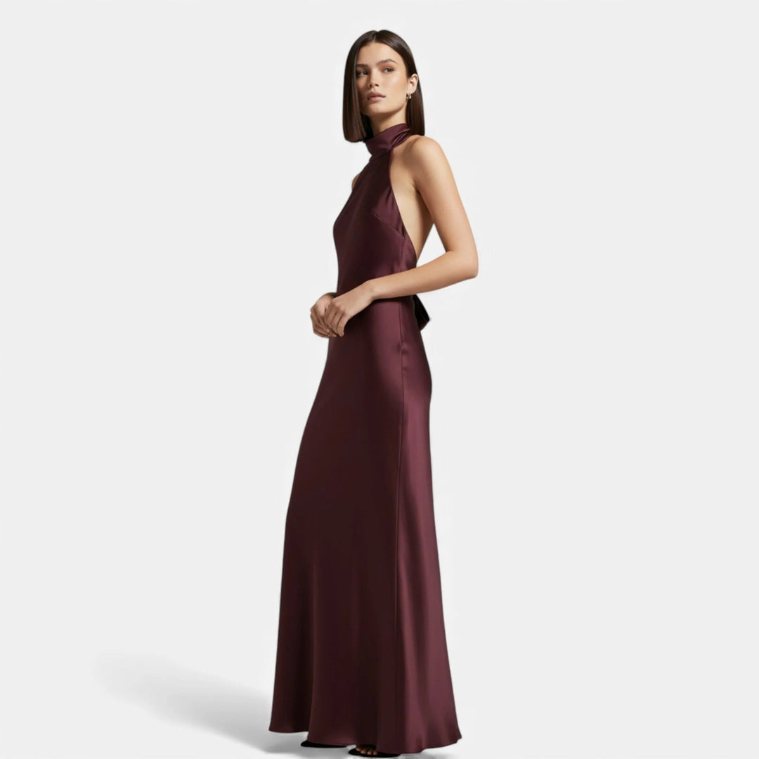 Meredith | Elegant Black Satin Halter Neck Maxi Dress