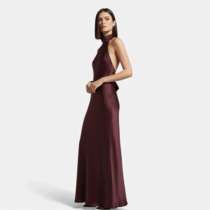 Meredith | Elegant Black Satin Halter Neck Maxi Dress
