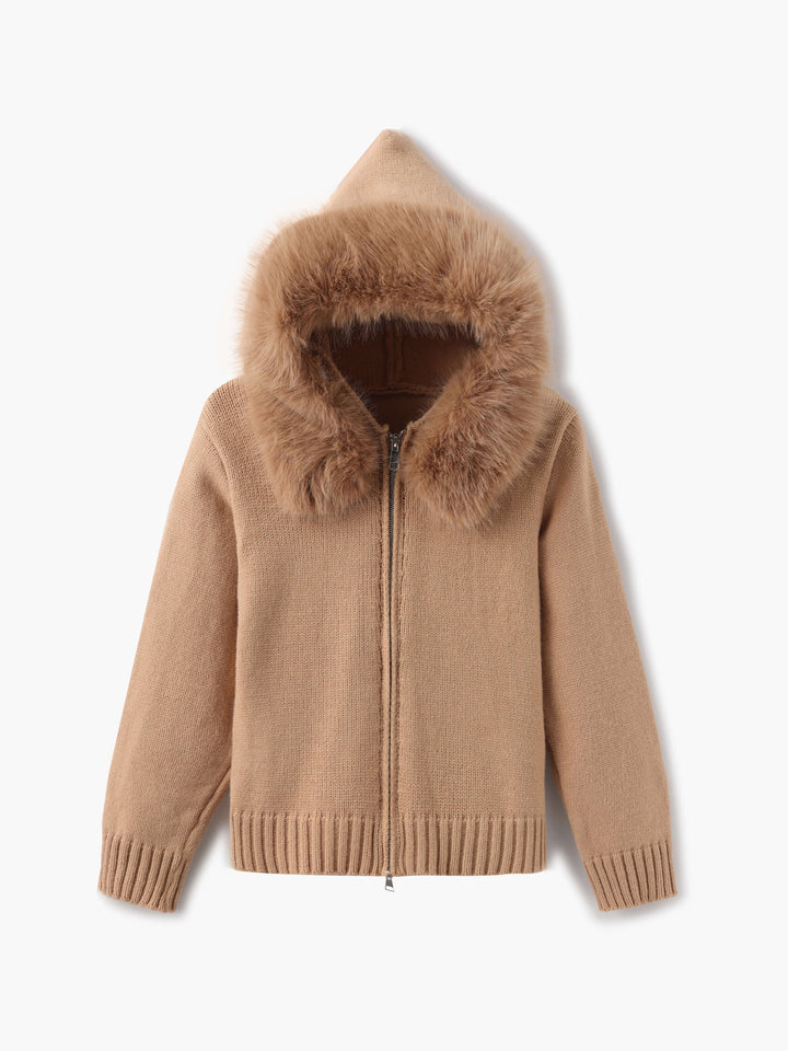 Juniper | Stylish Knit Zip-Up Cardigan With Faux Fur Hood