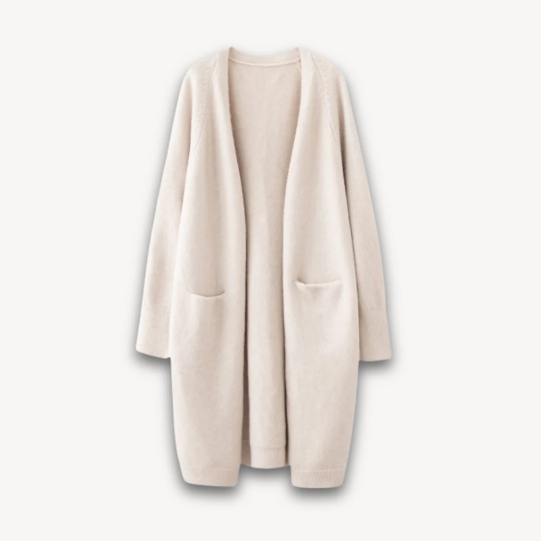 Cordelia | Elegant Long Open Front Knit Cardigan With Pockets