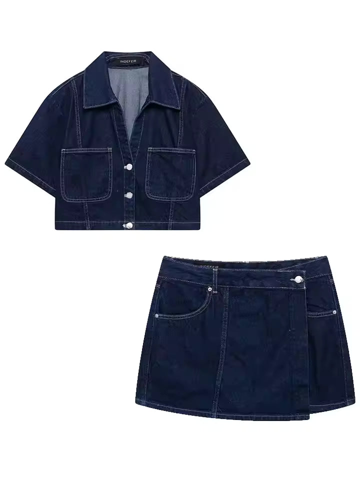 Ophelia | Chic Denim Crop Top And Mini Skort Two Piece Set