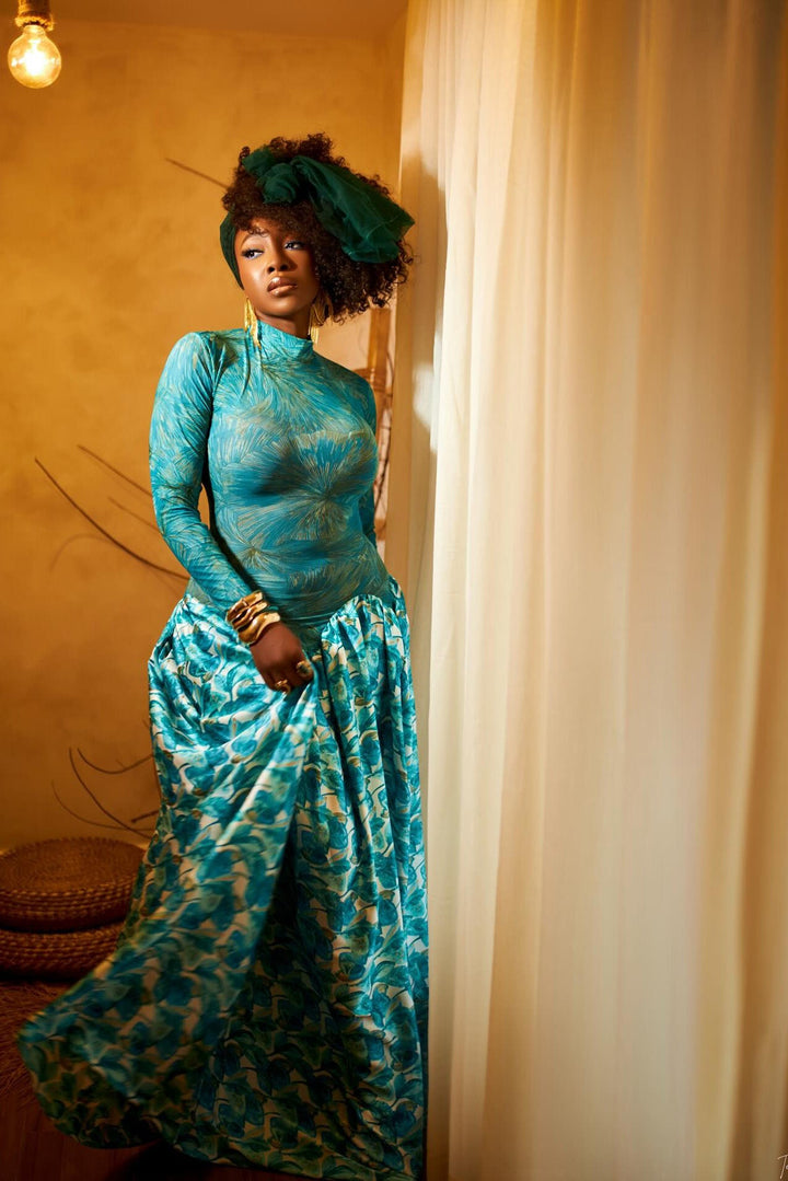 Esperanza | Elegant Mock Neck Long Sleeve Teal Maxi Dress