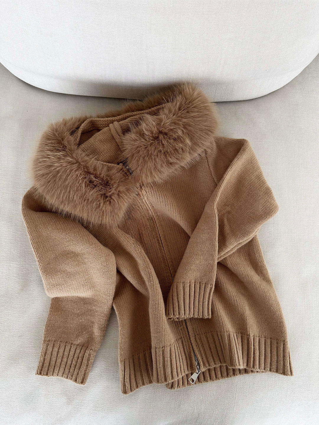 Juniper | Stylish Knit Zip-Up Cardigan With Faux Fur Hood