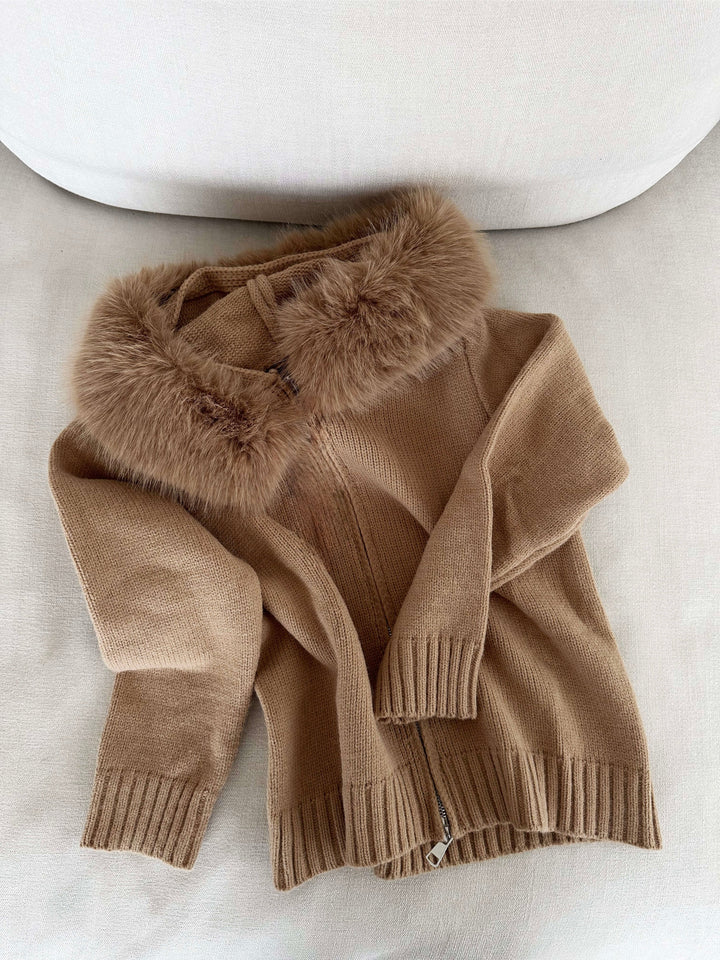 Juniper | Stylish Knit Zip-Up Cardigan With Faux Fur Hood