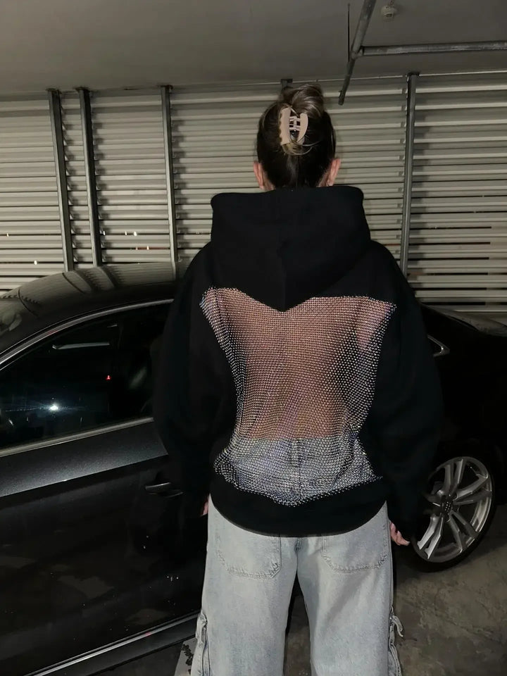 Addison | Chic Oversized Mesh Back Net Panel Hoodie Women