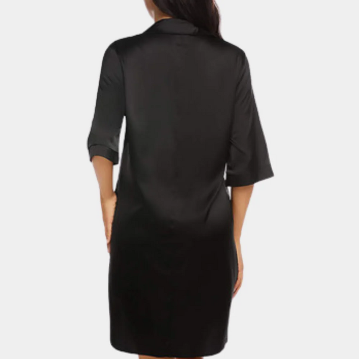 Cordelia | Elegant Black Satin Button Down Shirt Dress